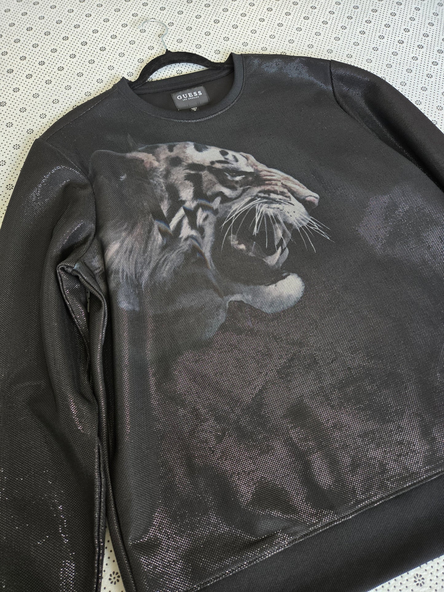 Brand New GUESS Jet Black Luther Tiger Crew Long Sleeve